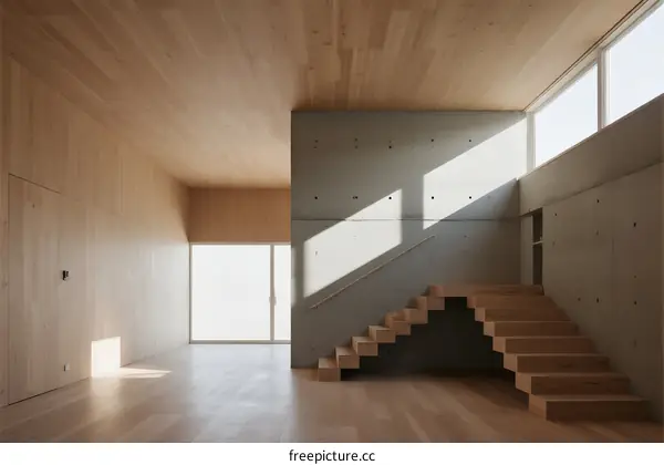 Modern minimalist interior space with wooden flooring and concrete staircase