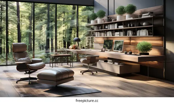 Modern Home Office Interior Design with Large Windows and Forest View