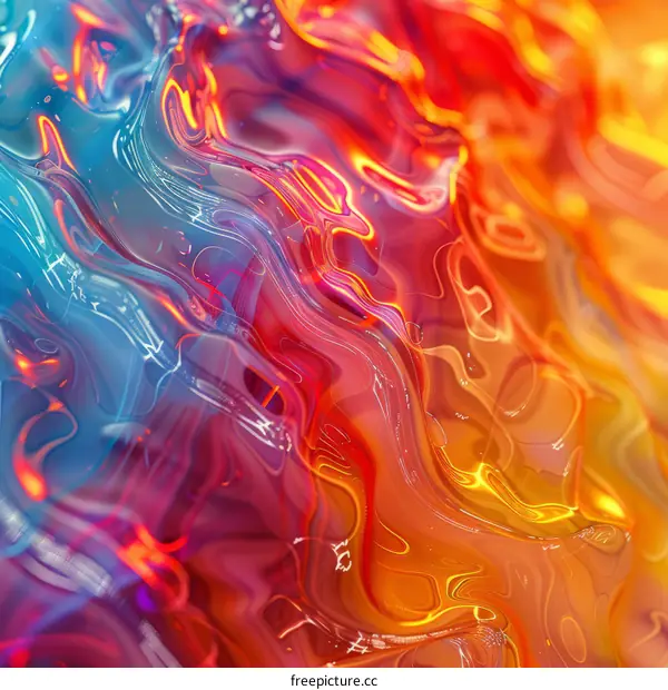 Colorful abstract painting with vibrant waves of blue, orange, red and purple
