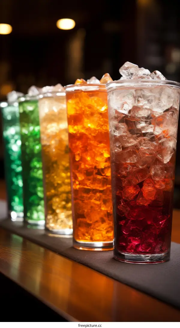 Four glasses of colorful soda drinks on a bar counter