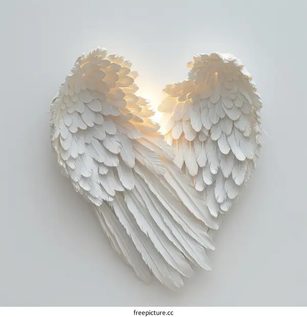 3D illustration of white angel wings made of paper cut in the shape of a heart