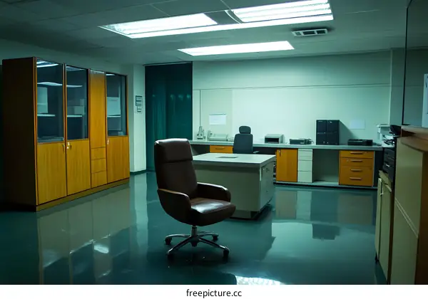 Office Interior Design with  Wooden Cabinet and Leather Chair