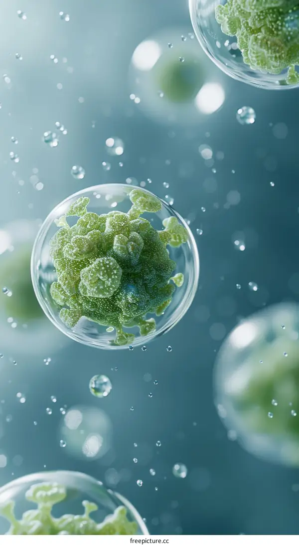 Green virus cells floating in water