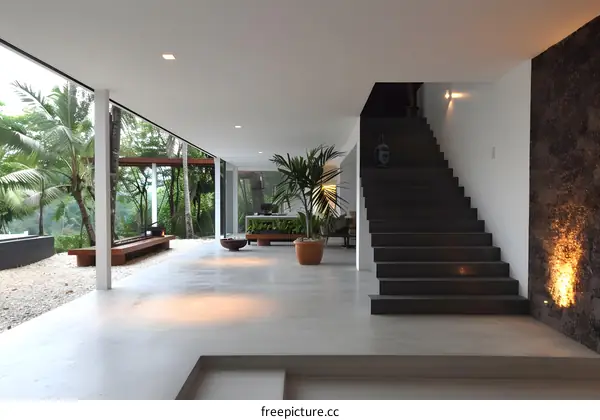 Modern Minimalist Interior Design with Concrete Floor and Stairs