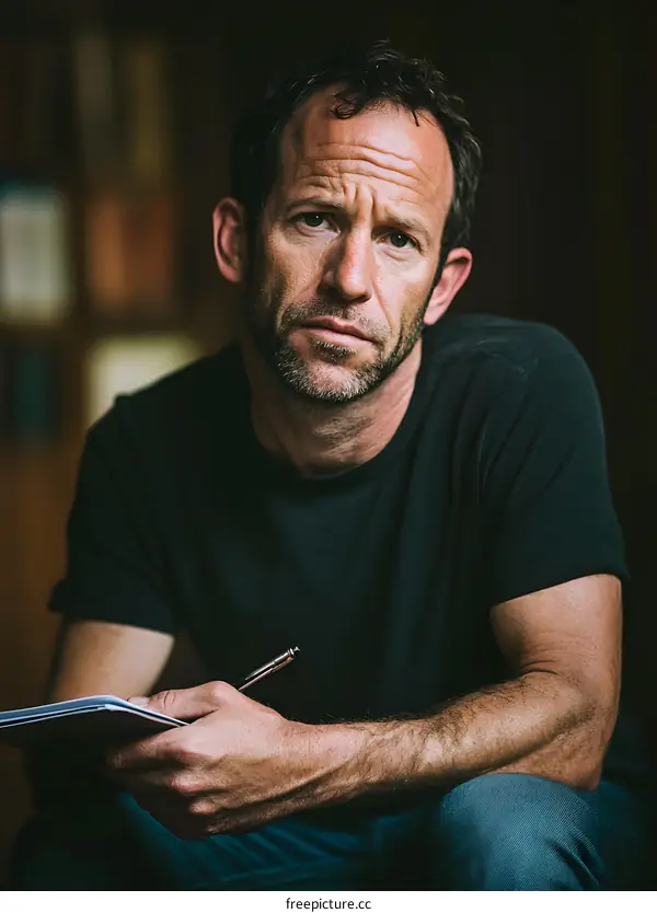 Man Writing in Notebook With Pen