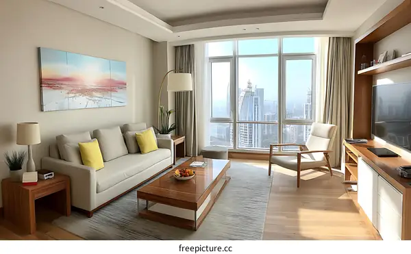Modern Living Room with City View