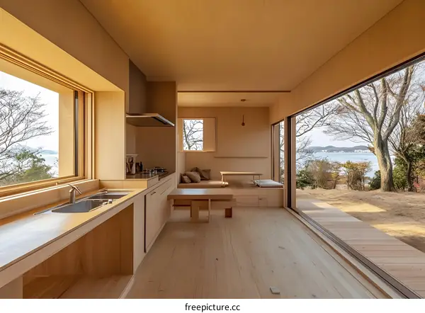 Modern Minimalist Wooden Kitchen With Sea View
