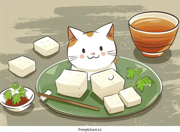 A cute cat is sitting on a plate of tofu with a cup of tea.