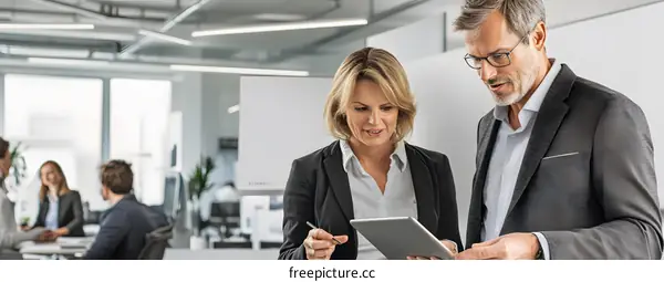 Businesspeople Looking at Tablet in Office