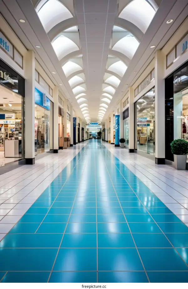 An empty shopping mall with blue tiled floor