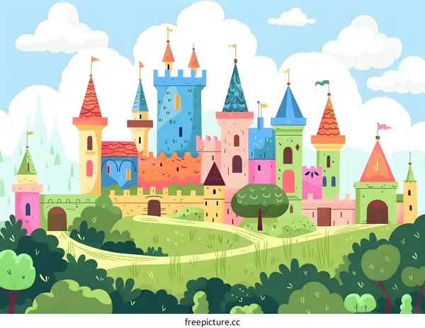 Colorful Cartoon Castle Illustration With Green Trees