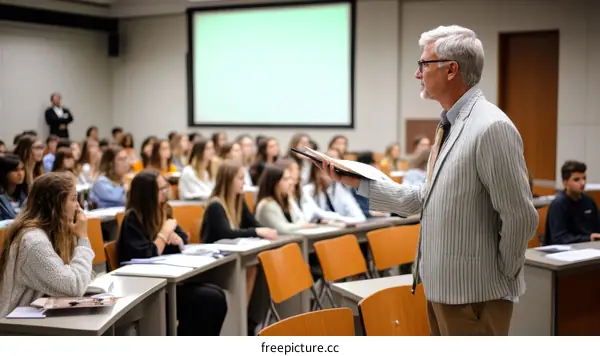 Large Group of Students in Classroom with Teacher