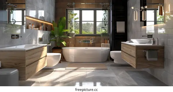 Modern Bathroom Interior with Wooden Cabinets
