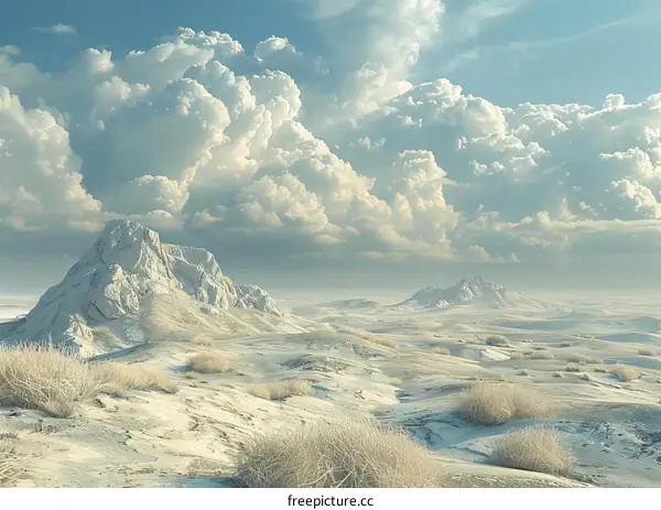 Arid desert landscape with rock formations under a cloudy sky