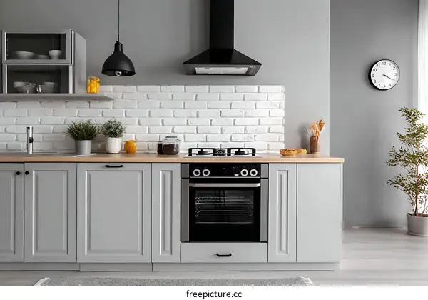 Modern Gray Kitchen with White Brick Backsplash
