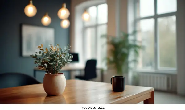 Cozy Workspace with Plant and Coffee Cup