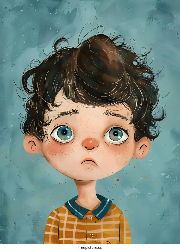 boy with messy brown hair and blue eyes wearing a yellow shirt