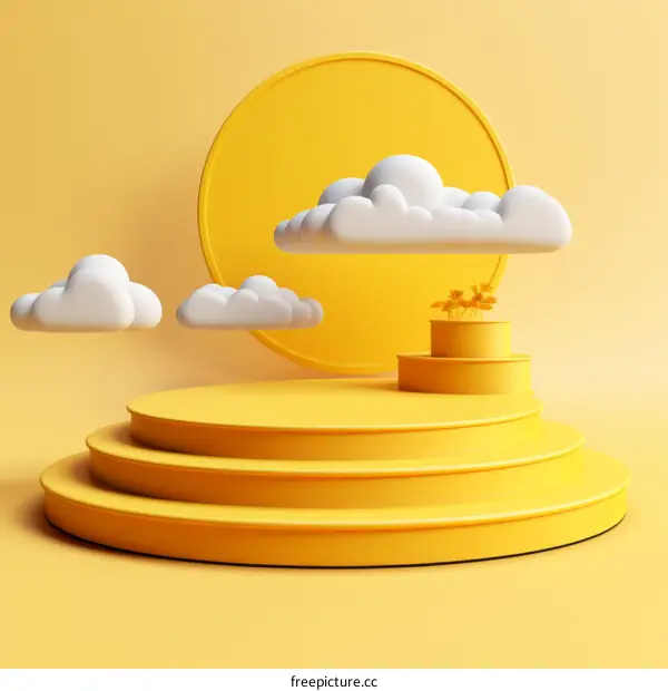 Yellow podium with clouds and plants