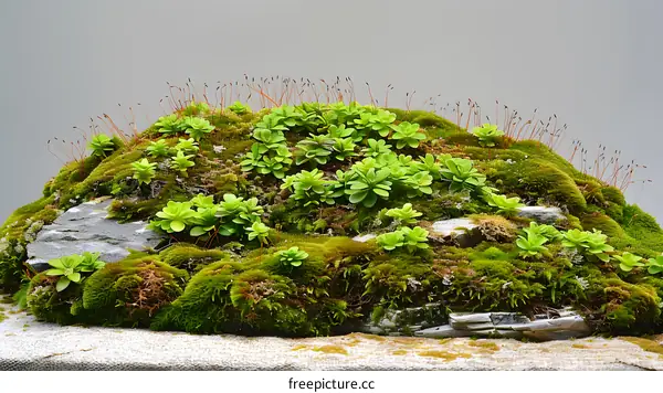 Close Up of Green Moss and Succulents Growing on a Rock