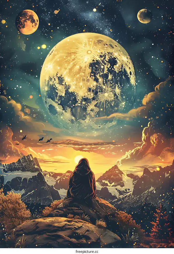 Man Contemplating the Universe under a Giant Moon