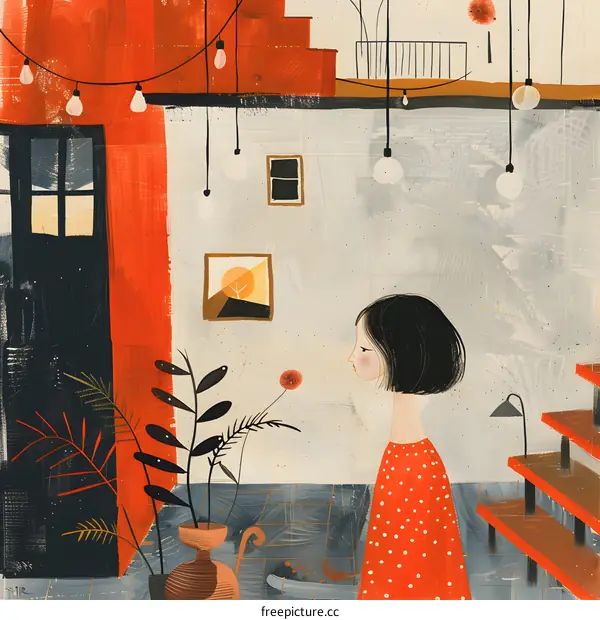 Girl in Red Dress Standing in a Room with Plants and String Lights