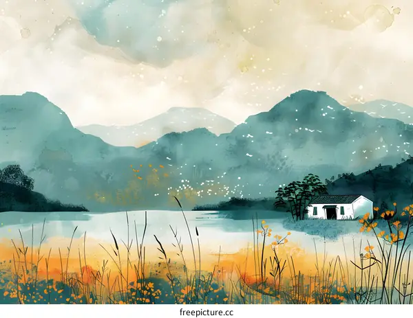 Watercolor Mountain Lake Landscape