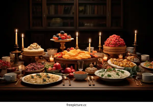 A table full of food with candles and a book case in the background