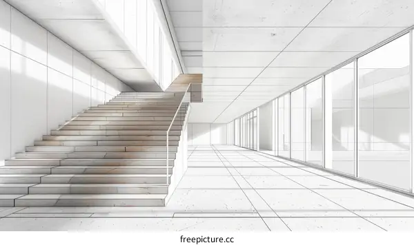 Architectural Sketch of a Modern Office Building Interior with Stairs and Large Windows