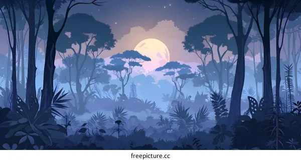 Silhouette of Tropical Rainforest at Night