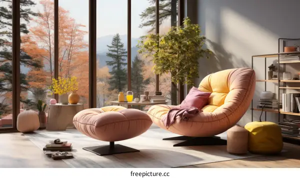 A comfortable pink velvet chair with a matching ottoman in a living room with a view of the mountains