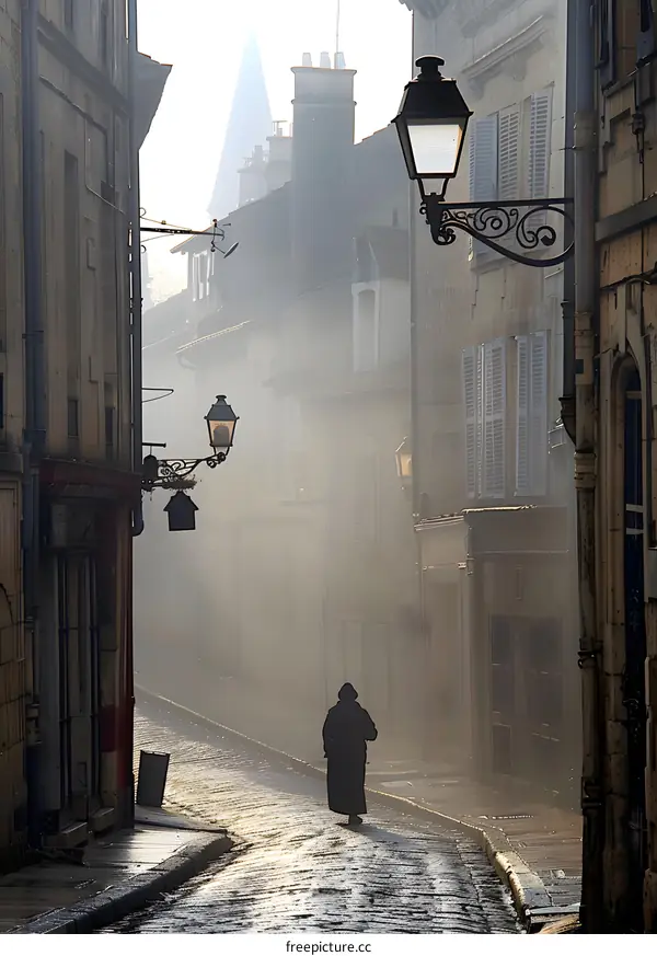 Foggy Street in a European City with a Solitary Figure
