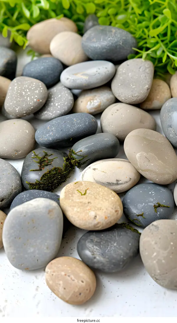 Smooth River Rocks With Green Moss On White Background