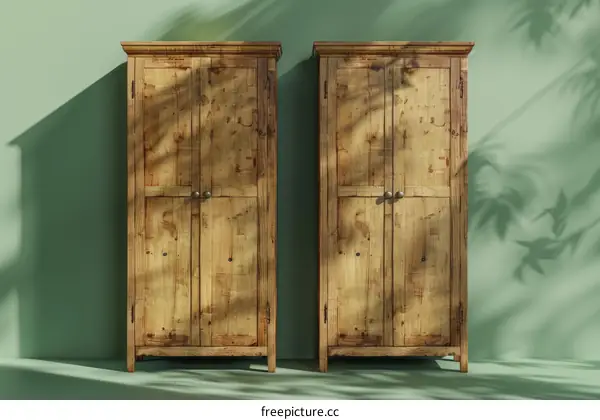 Two wooden cabinets with a green background