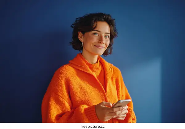 Smiling Woman Using Smartphone Against Deep Blue Wall