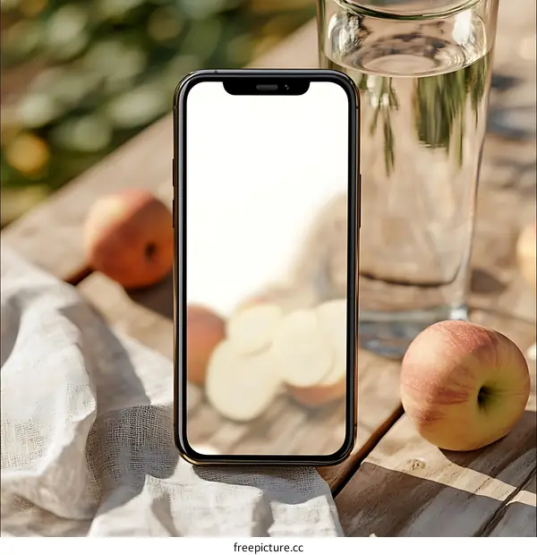 Mockup of Smartphone with White Screen on Wooden Table with Apple and Water Glass