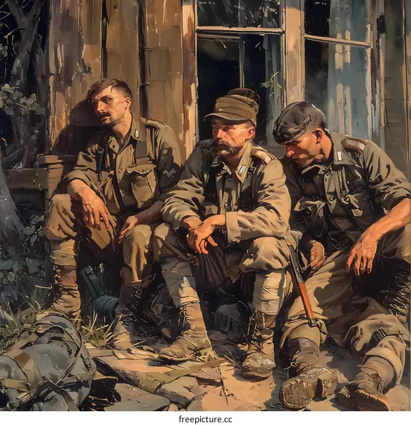Three soldiers are sitting on the porch of a ruined house. They are wearing German uniforms and look tired and sad.