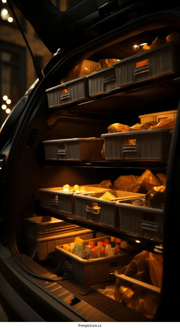 Car with open trunk full of plastic baskets with various items