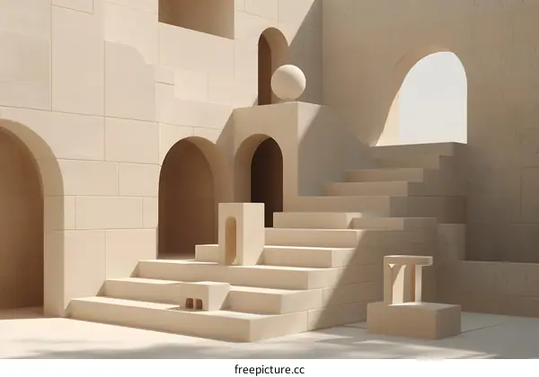 Abstract Minimalist 3D Architectural Rendering With Arched Windows and Steps