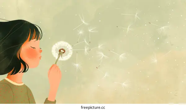 A Girl Blowing Dandelion Seeds in the Wind