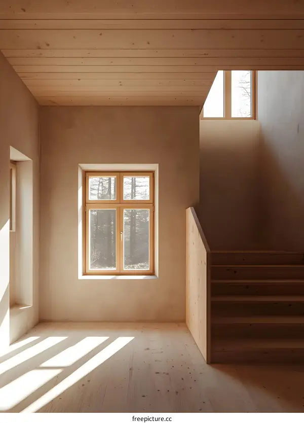 Wooden Staircase in Modern Interior With View of Forest Through Window
