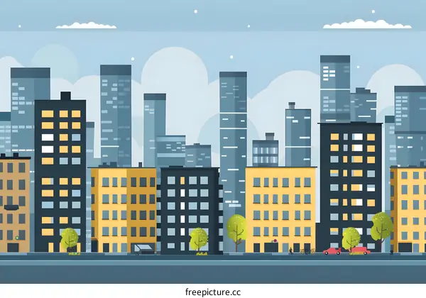 Flat City Skyline with Buildings and People Walking