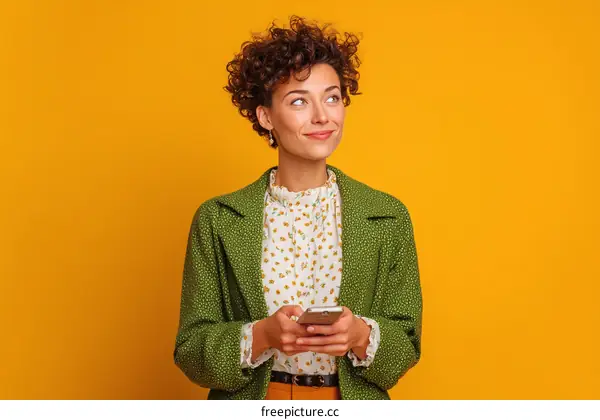 Thoughtful Young Woman Holding a Smartphone