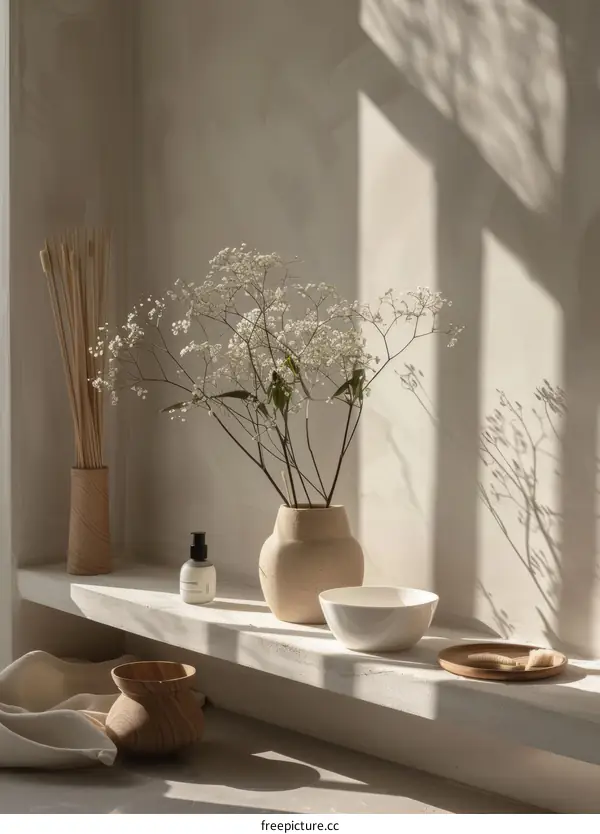 Dried flowers and skincare products on a shelf
