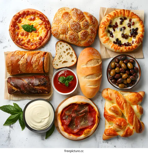 Various fresh baked bread and sauces