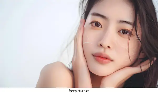 Close Up Portrait of a Beautiful Asian Woman with Skin Care Products on Her Face
