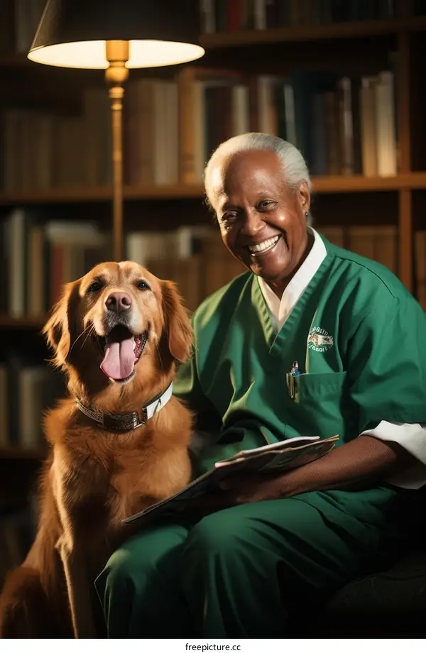 portrait of a smiling veterinarian with a golden retriever