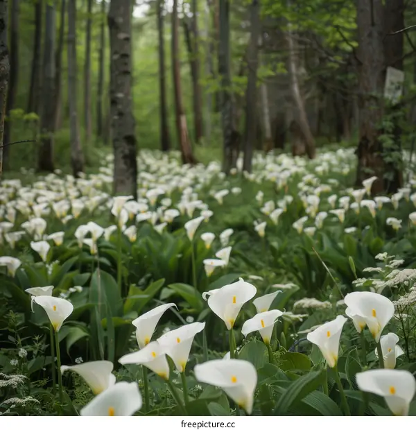 White Calla Lilies in a Tranquil Forest