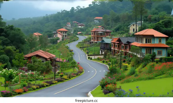 Small winding road through a village in the mountains