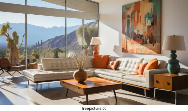 Modern living room interior with large windows and mountain views