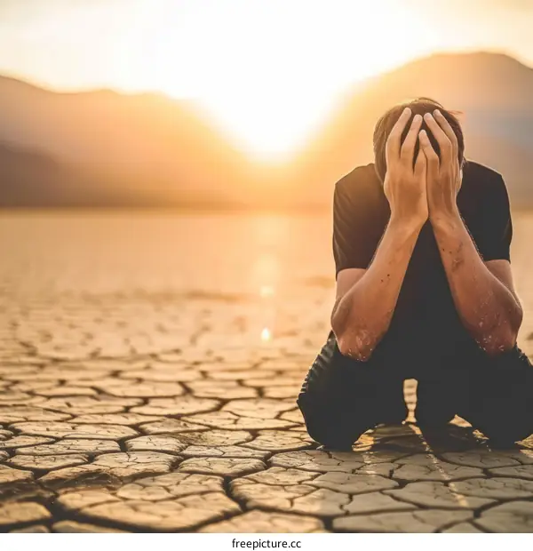 Man Kneeling in Arid Desert with Head in Hands
